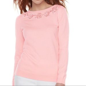 Elle Embroidered Roses Knit Crewneck Sweater